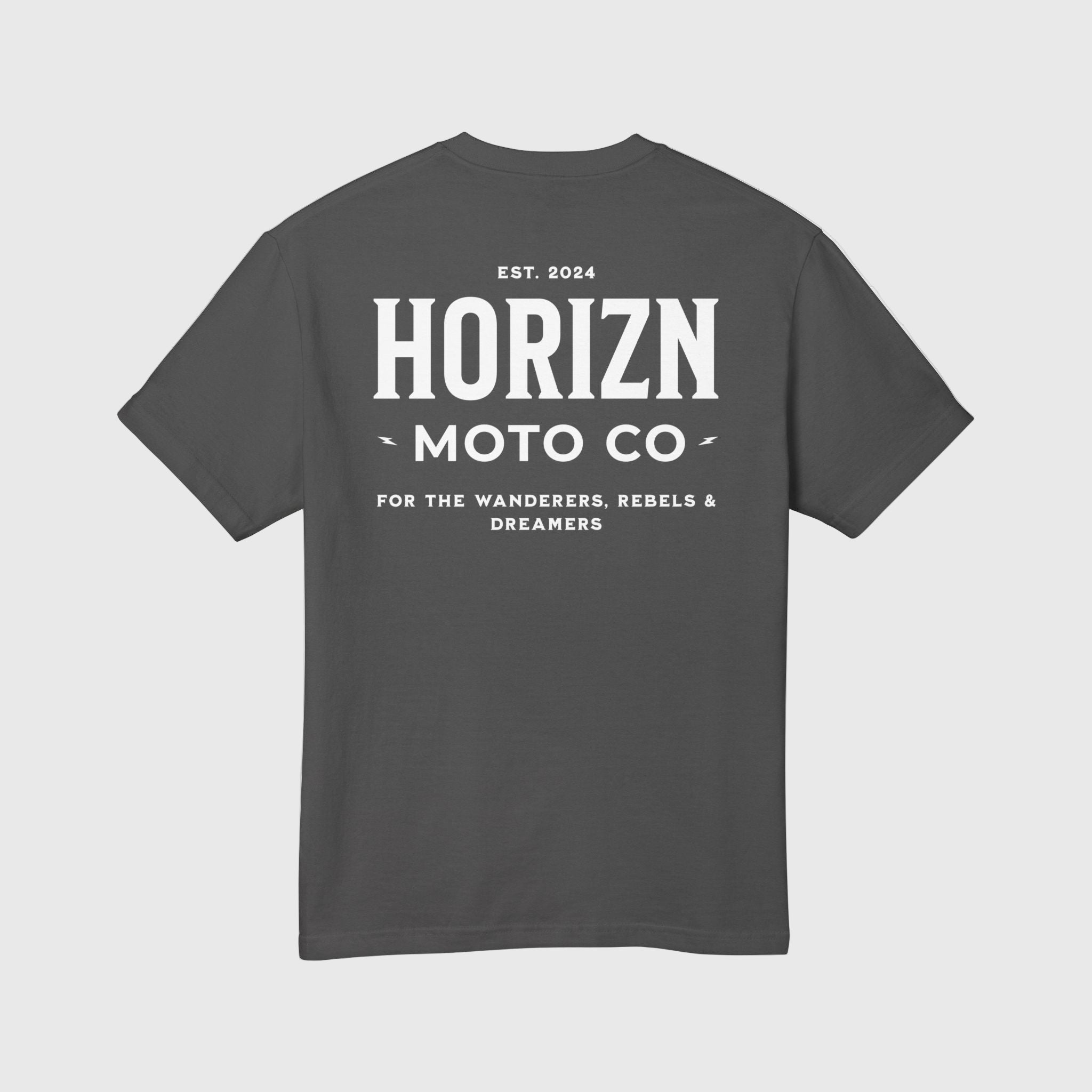 Black t-shirt with 'Horizn Moto Co' text on a white background