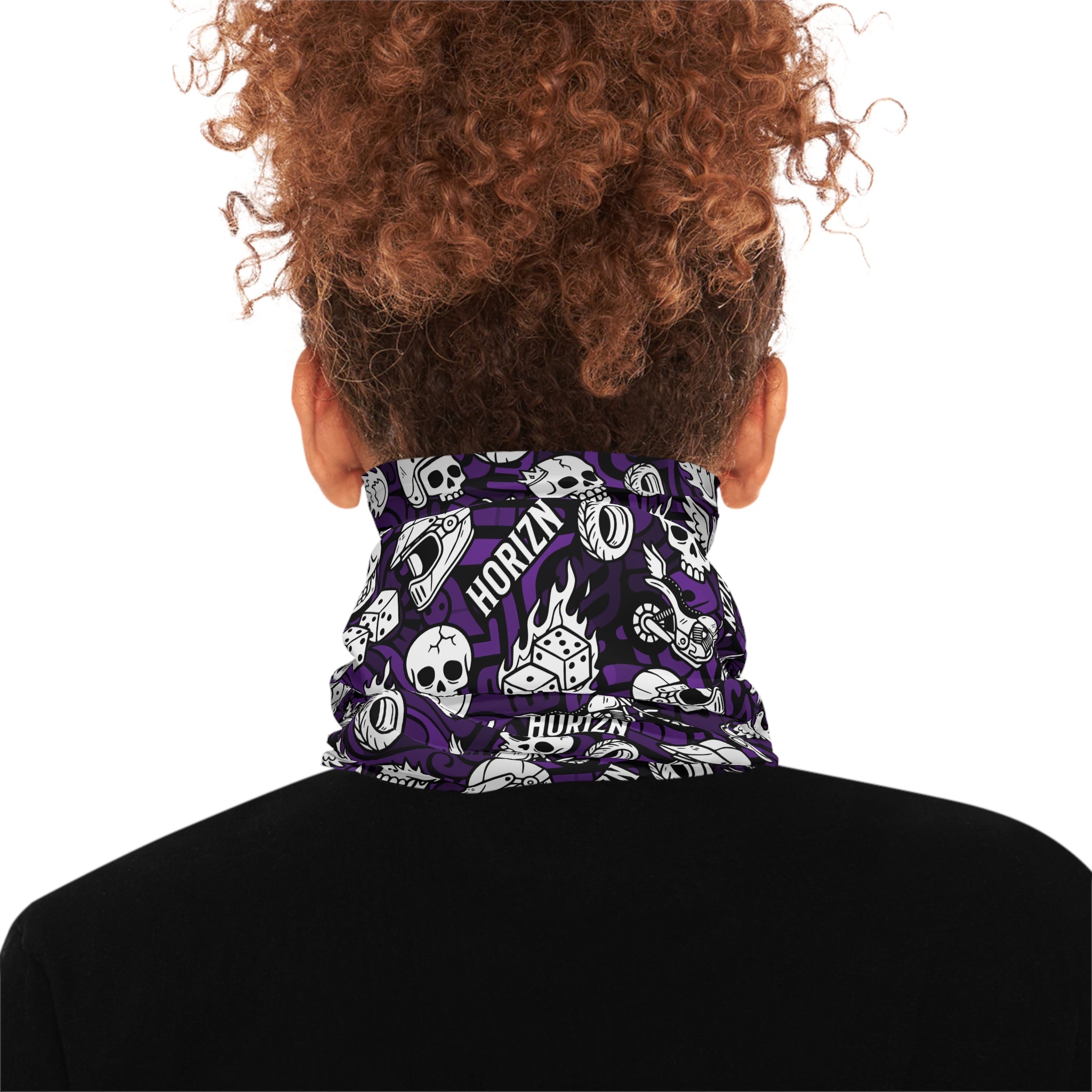 Skull & Flame Moto Neck Gaiter in black and purple featuring dynamic skull and flame patterns, designed for riders and outdoor enthusiasts.