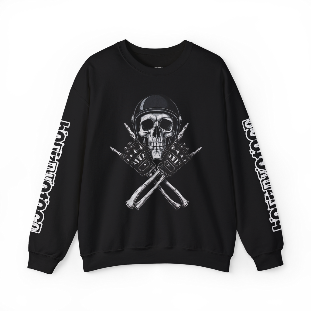 Black Outlaw Skull Moto Crewneck Sweatshirt worn by a bearded man with a relaxed fit. Features a bold skull graphic with crossed wrenches, designed for riders and streetwear enthusiasts.