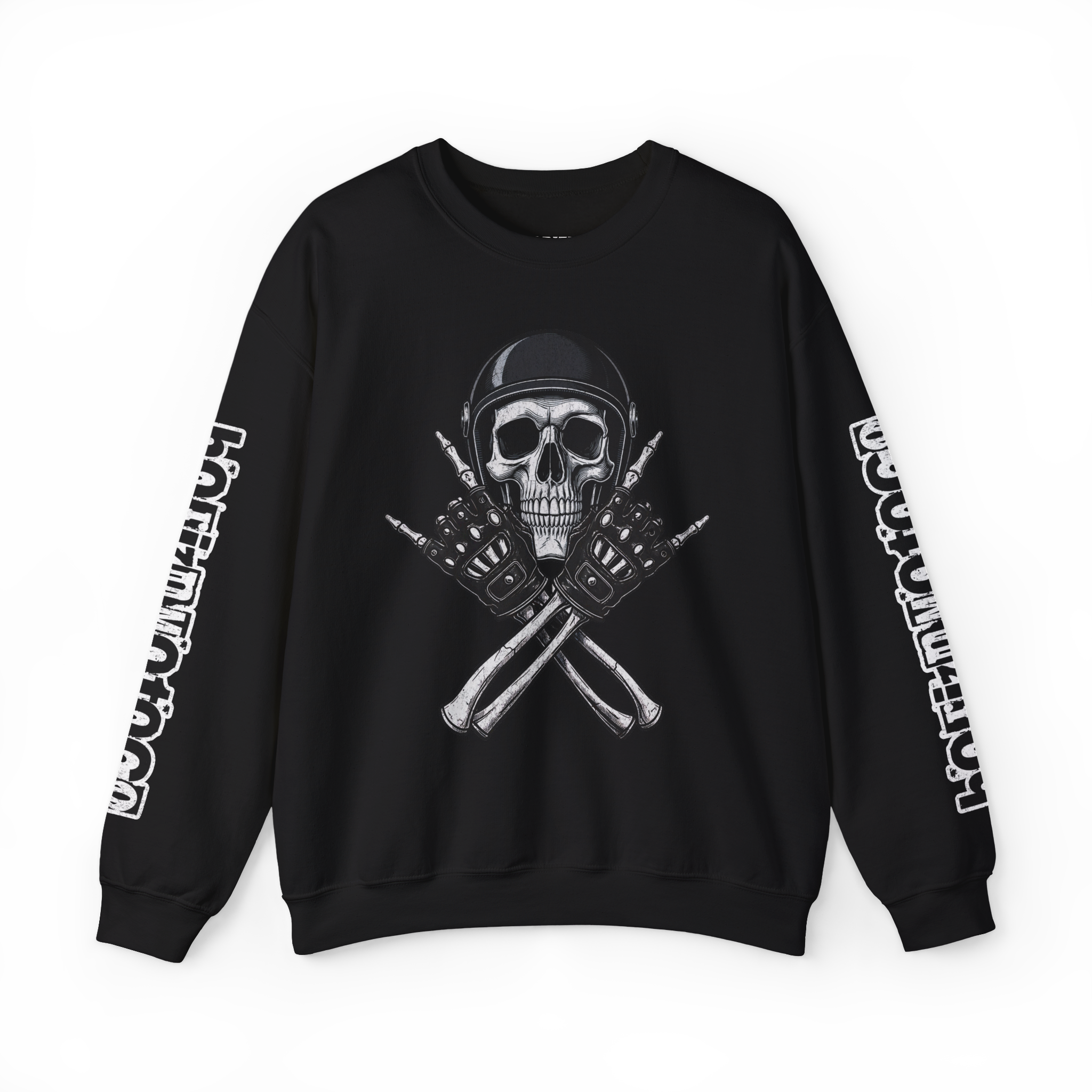 Black Outlaw Skull Moto Crewneck Sweatshirt worn by a bearded man with a relaxed fit. Features a bold skull graphic with crossed wrenches, designed for riders and streetwear enthusiasts.