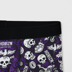 Men's purple moto skull boxer briefs featuring all-over graphic design of skulls, flames, and helmets. Perfect for riders seeking comfort and style.