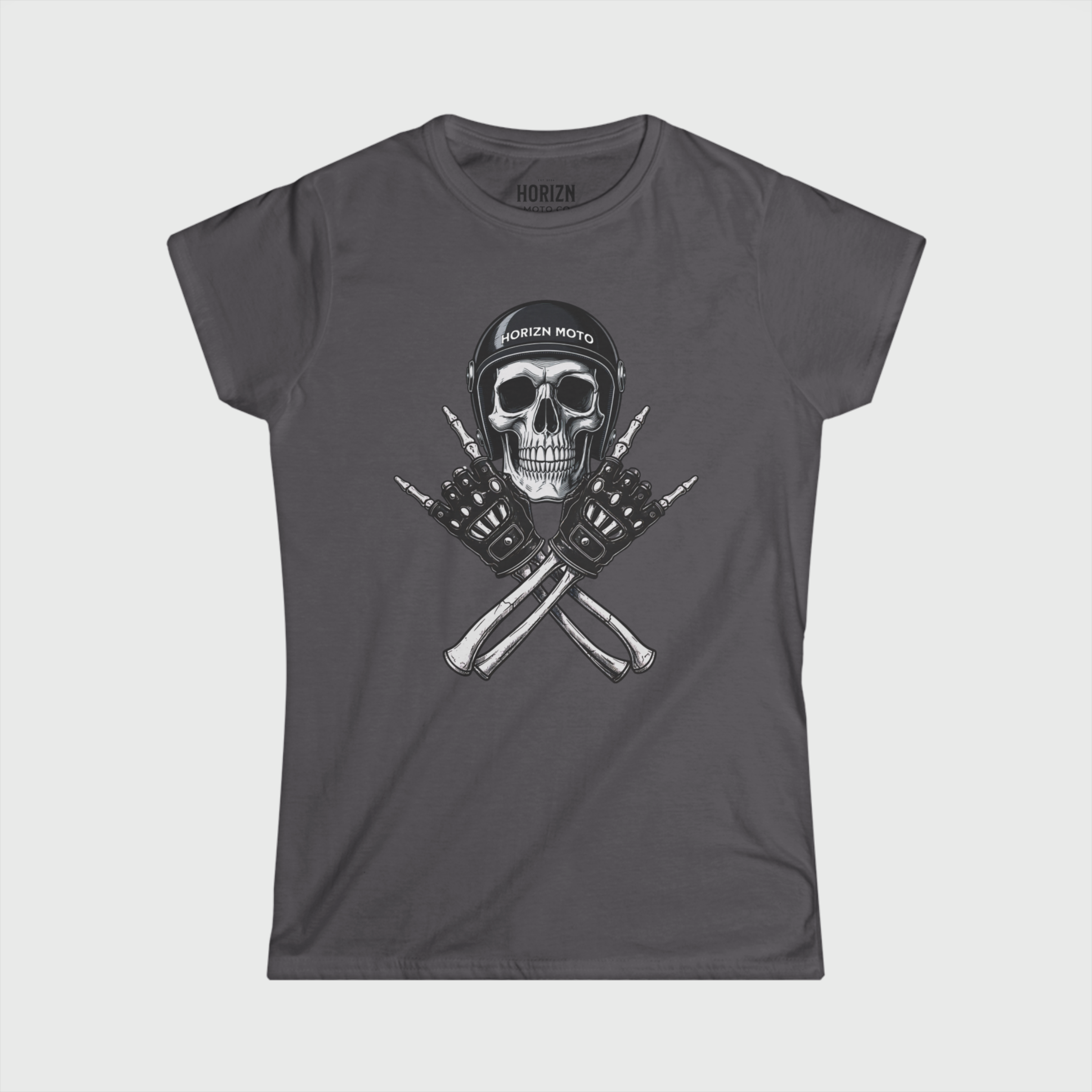 Rebel Bones Moto Tee – Charcoal Womens Fit Rider Tee