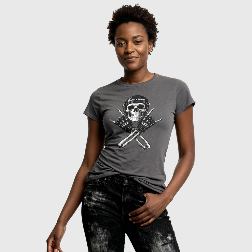 Rebel Bones Moto Tee – Charcoal Womens Fit Rider Tee