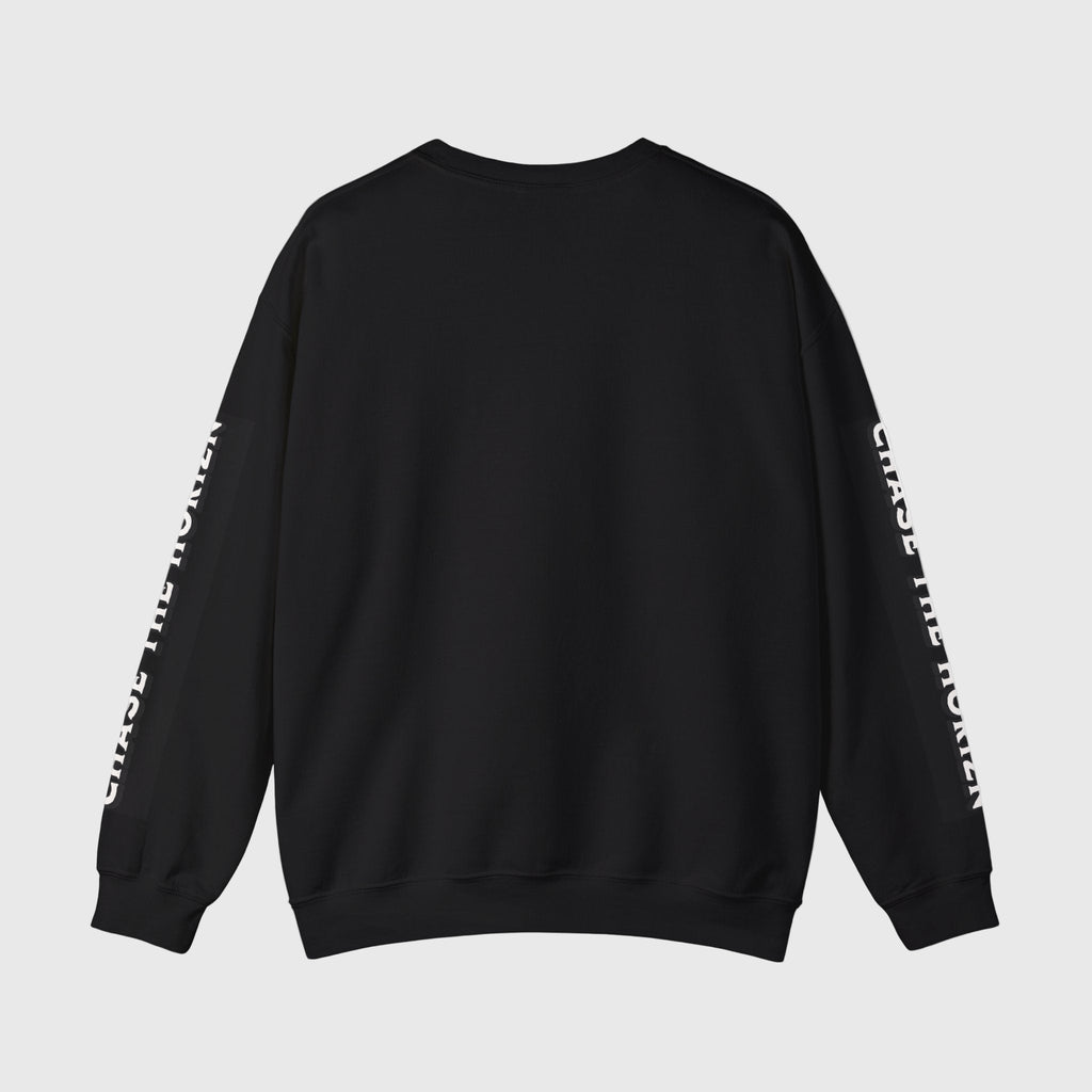 Black sweatshirt with white text on sleeves against a white background