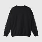 Black sweatshirt with white text on sleeves against a white background