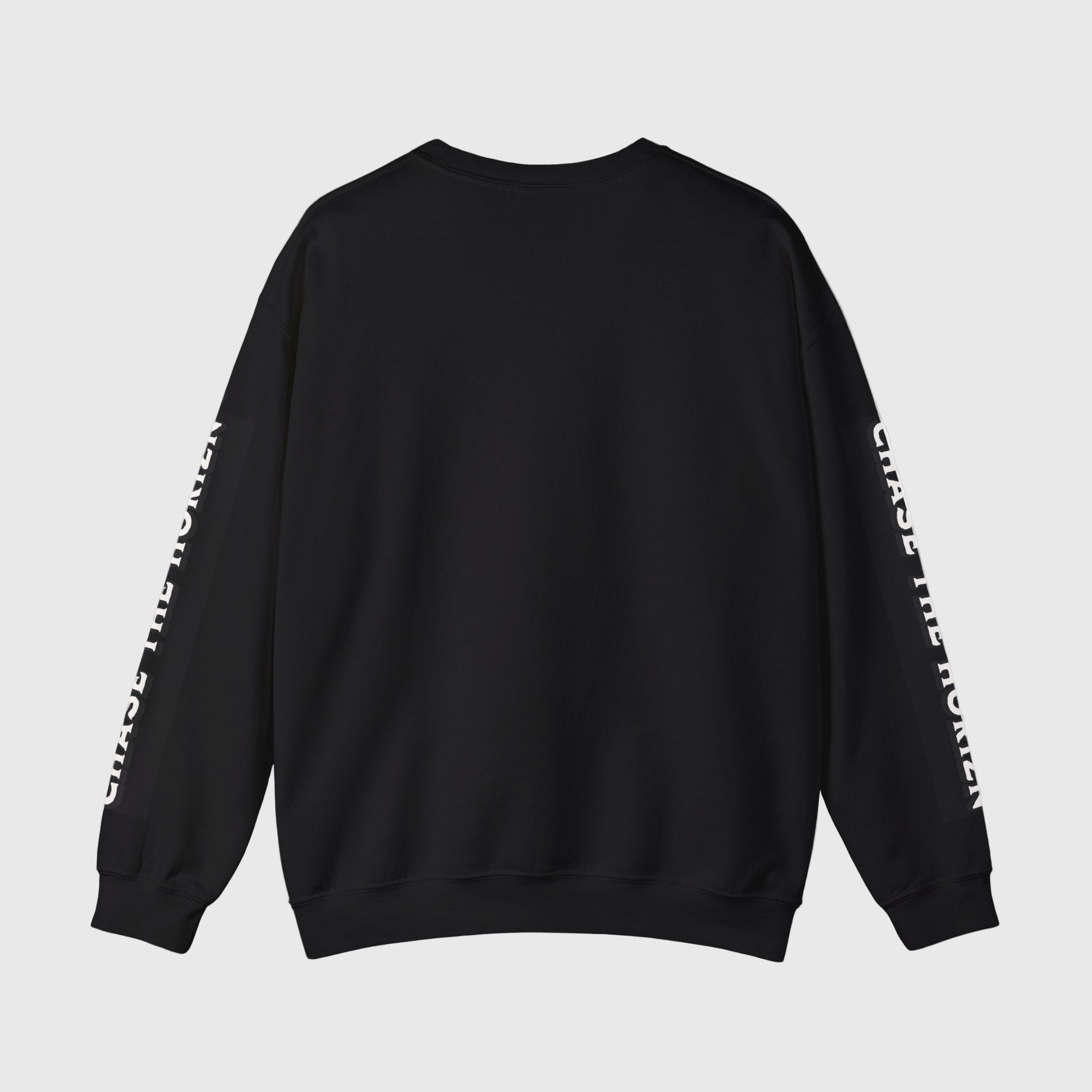 Black sweatshirt with white text on sleeves against a white background