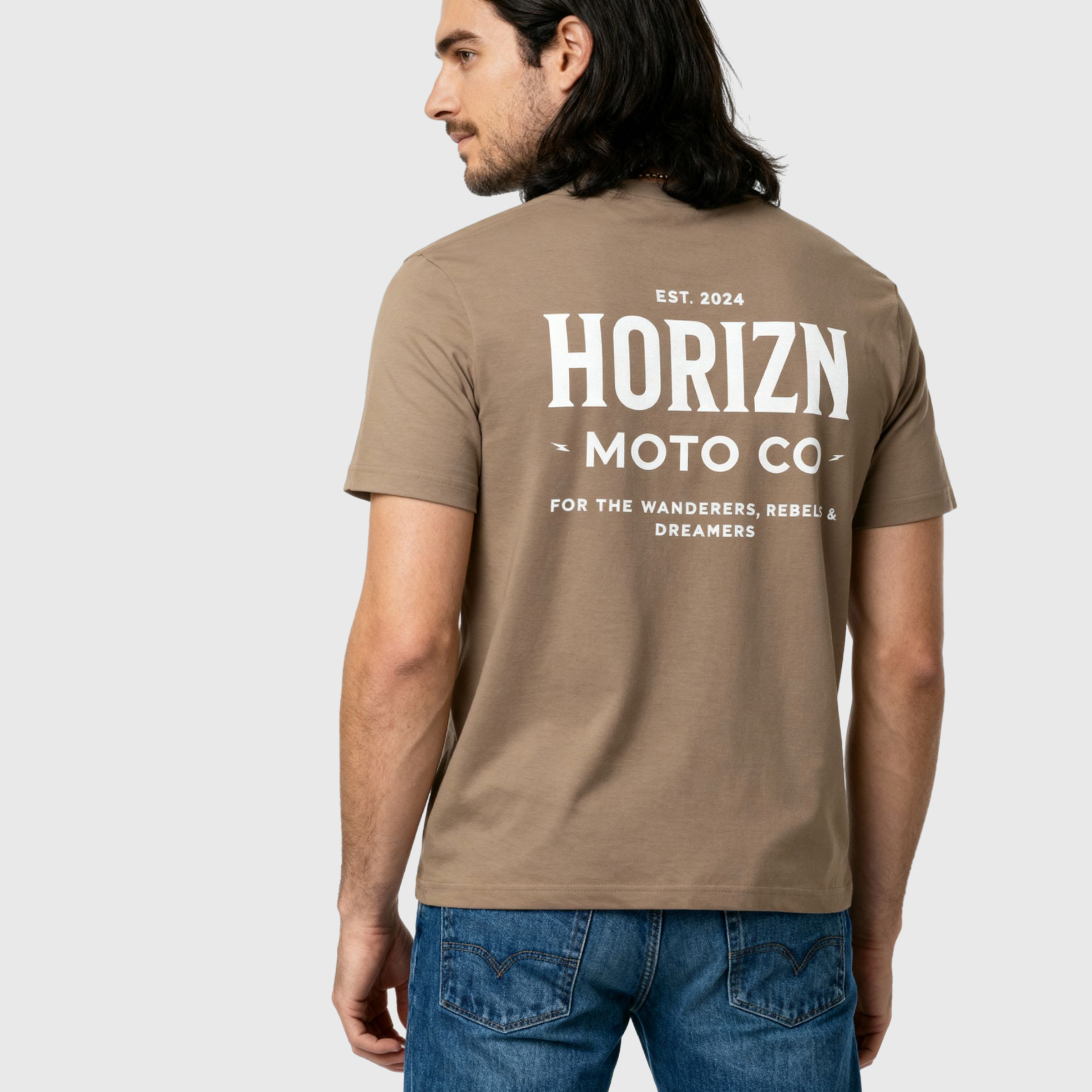 Close-up of the Wanderers Heavyweight Moto Tee in muted taupe, featuring HORIZN MOTO CO branding inside the collar, crafted from durable cotton for a relaxed fit, embodying modern moto culture.