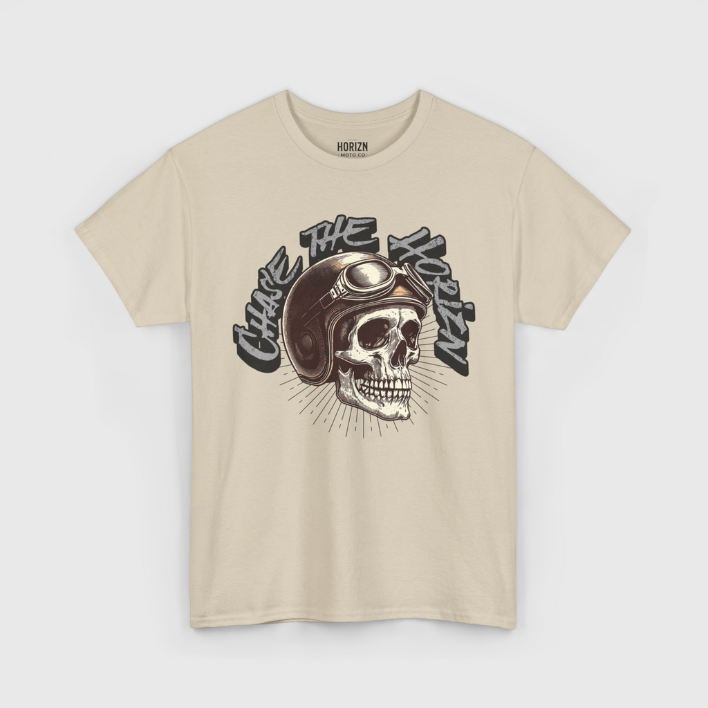 Charge the World Skull Moto Tee – Beige Graphic T-Shirt