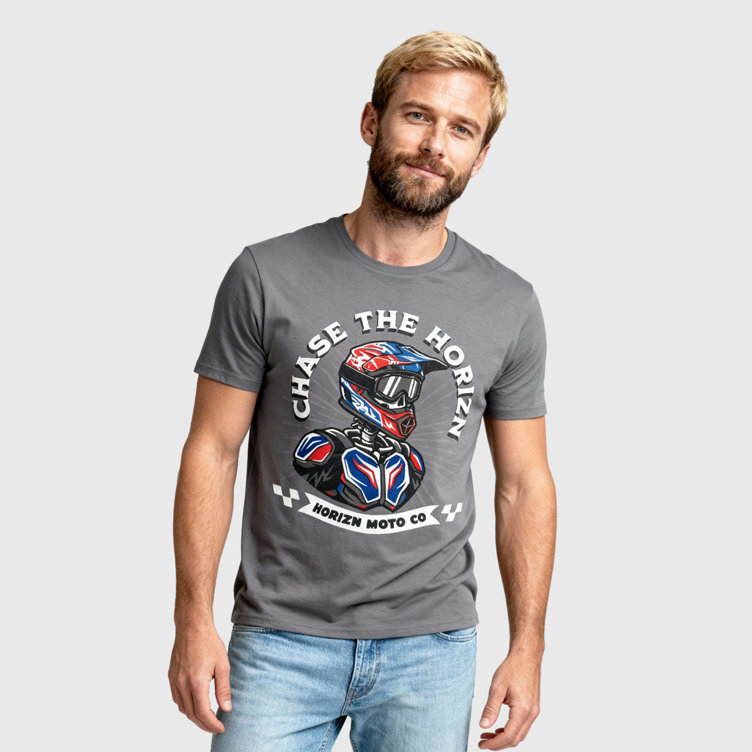 Chase the Horizn Skull Rider Tee – Grey Heavyweight Moto Shirt