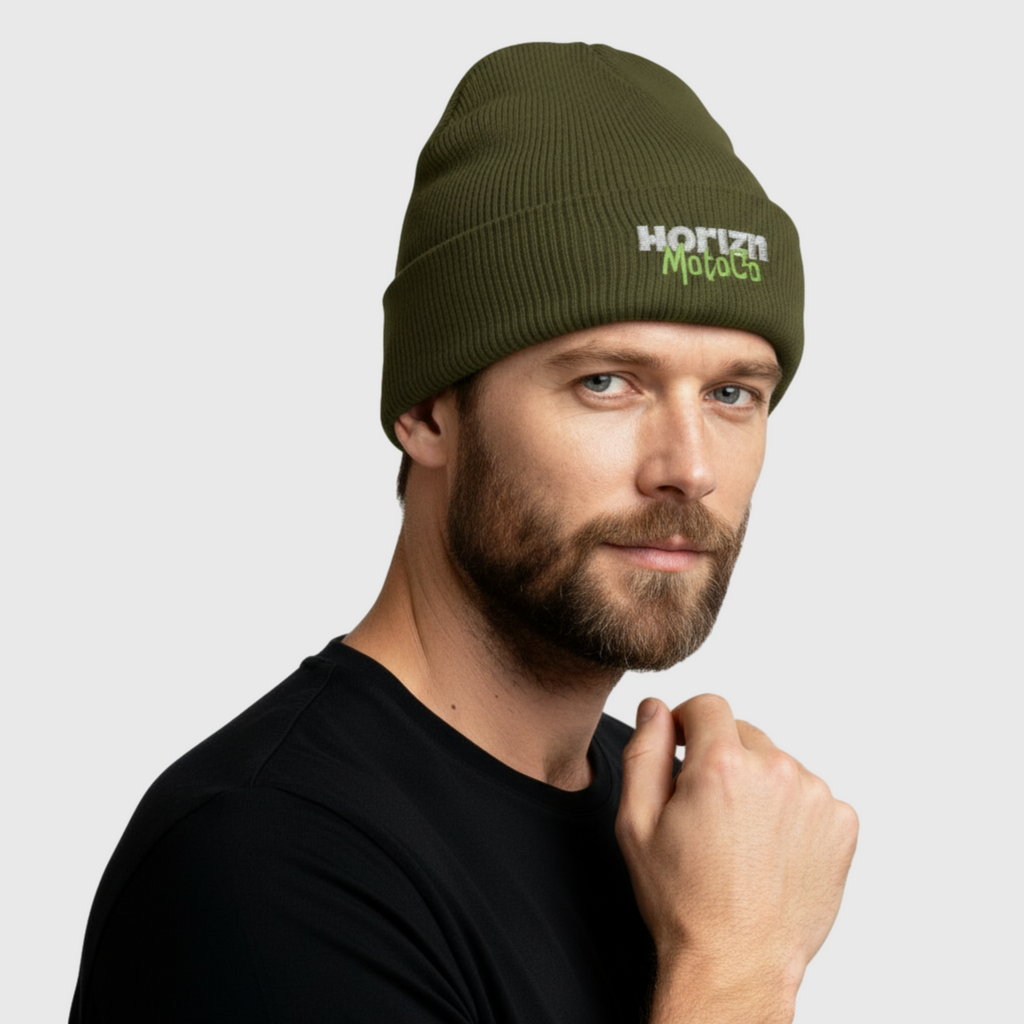 Horizn MotoCo olive green knit beanie featuring embroidered logo, ideal for stylish riders and streetwear enthusiasts.