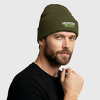 Horizn MotoCo olive green knit beanie featuring embroidered logo, ideal for stylish riders and streetwear enthusiasts.