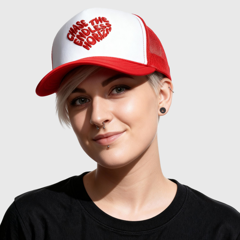 White snapback cap with red mesh back, featuring bold heart-shaped embroidery that reads 'CHASE THE ENDLESS HORIZN', ideal for moto enthusiasts and adventurous spirits.