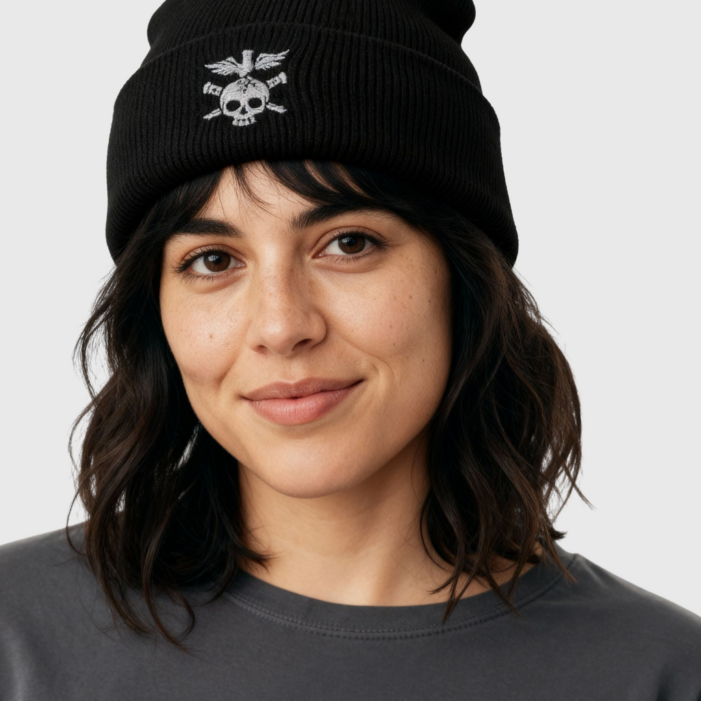 Skull & Eagle Knit Beanie in black, featuring embroidered skull and eagle design, perfect for bikers and adventurous spirit.