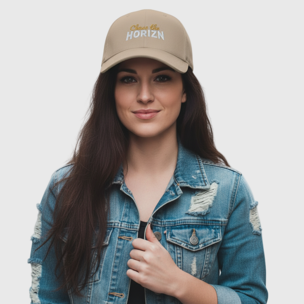 Chase the HORIZN Flexfit® Moto Cap in beige with bold golden and white embroidery, designed for modern riders seeking adventure.