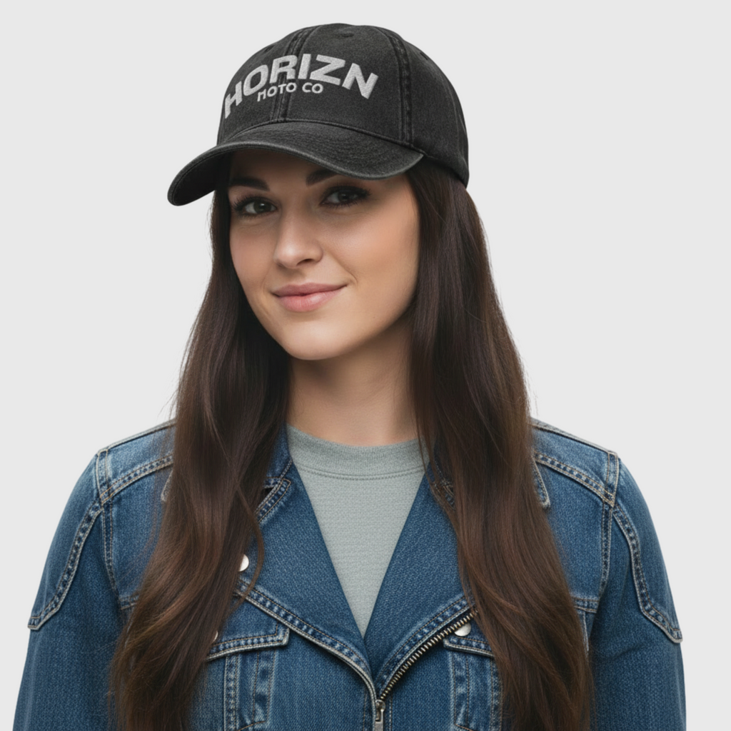 HORIZN Moto Co Black Embroidered Cap featuring bold white logo on distressed black fabric, perfect for riders and urban explorers.