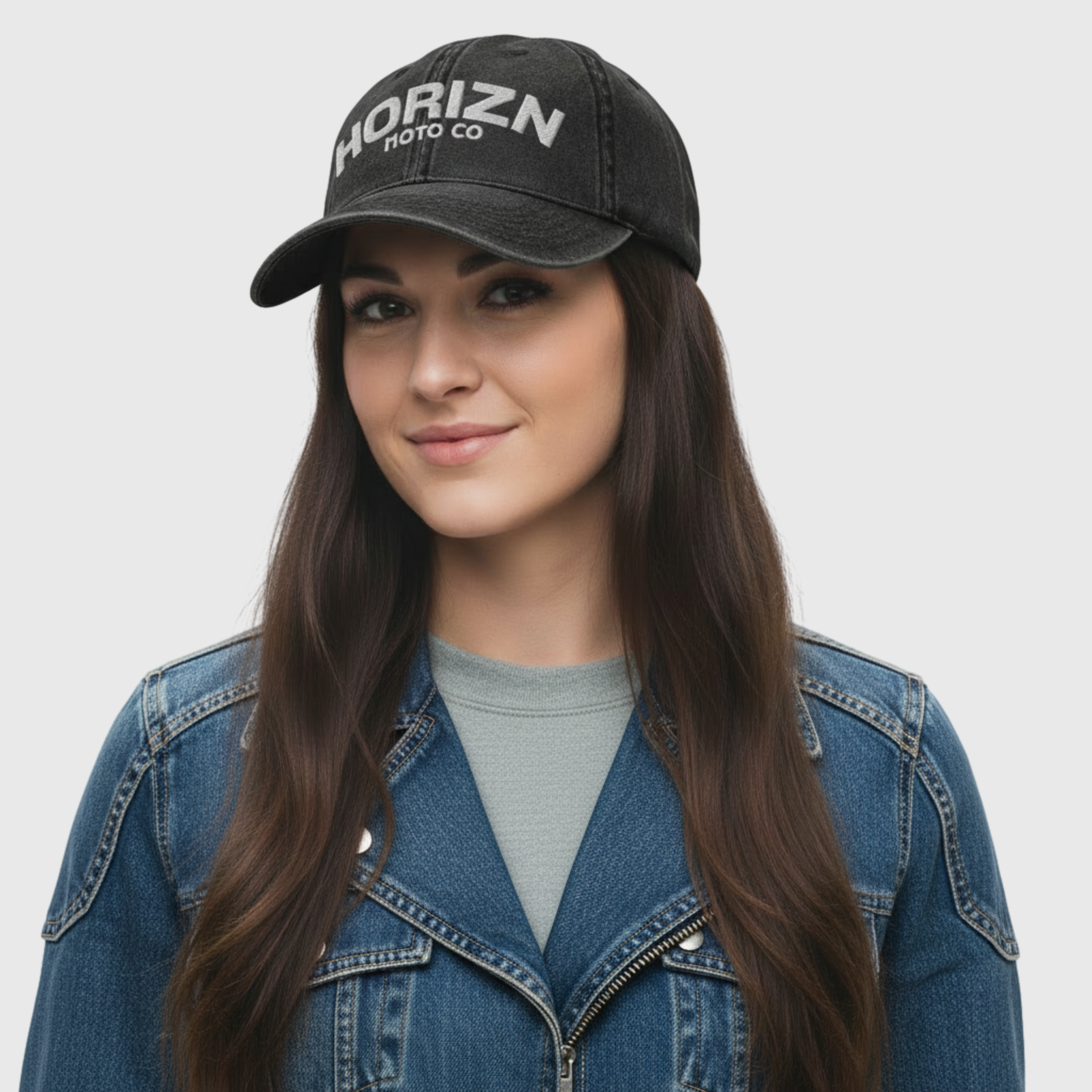 HORIZN Moto Co Black Embroidered Cap featuring bold white logo on distressed black fabric, perfect for riders and urban explorers.