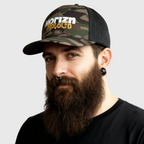 Camo Mesh Trucker Cap with white 'HORIZN' logo and gold 'MotoCo' graphic, designed for riders and city drifters, showcasing rugged style and breathable mesh panels.