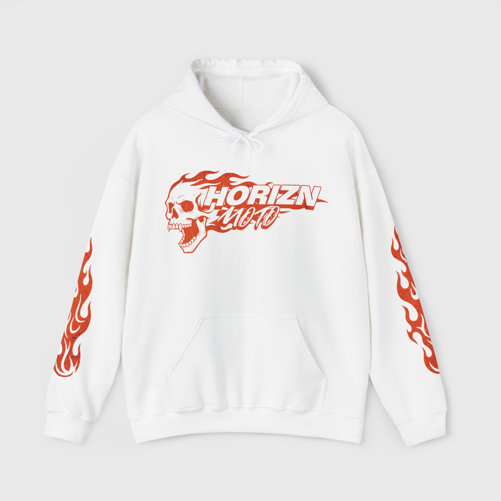 White Flame Skull Hoodie – Heavyweight Moto Streetwear