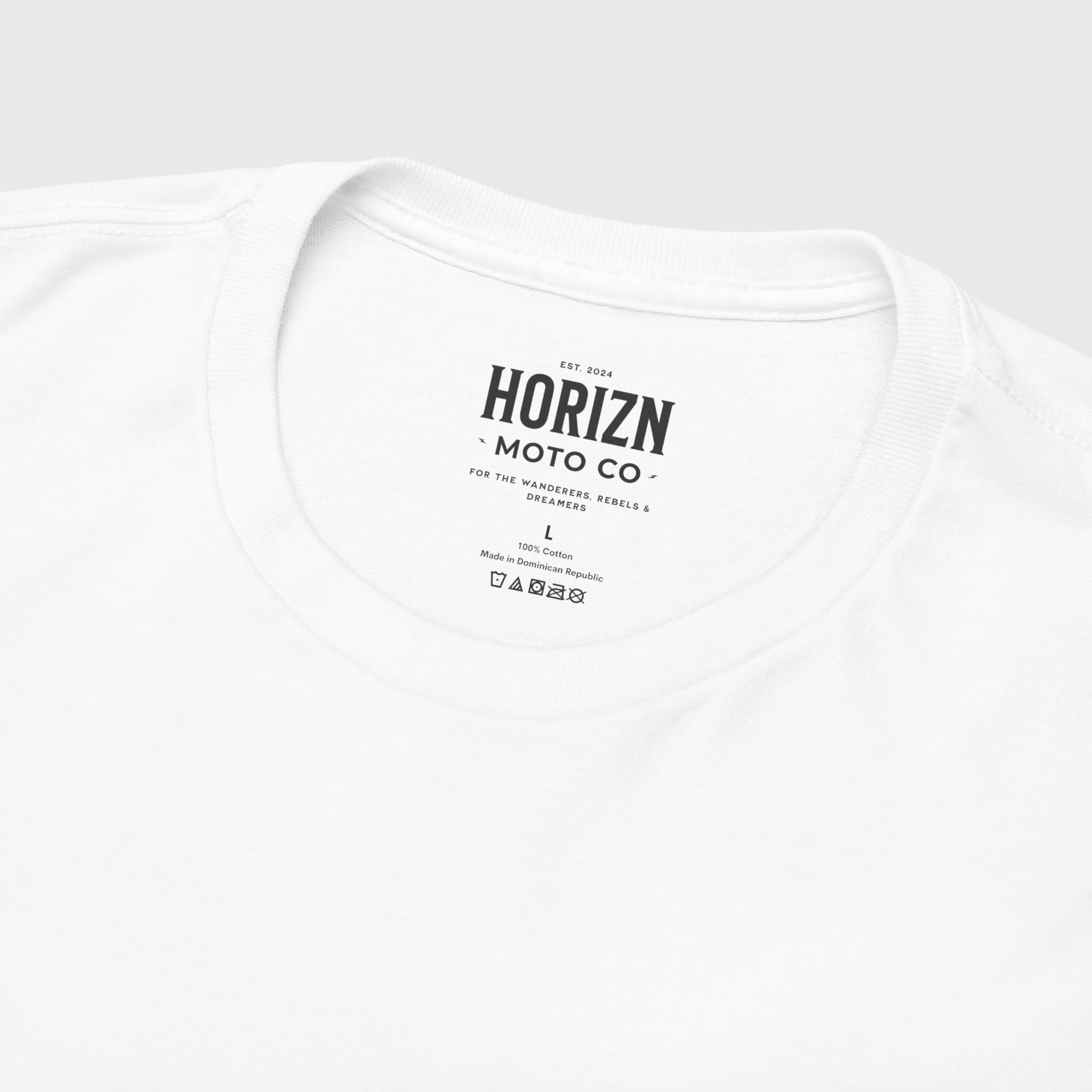 Horizon Beige Chase the Horizon Graphic Moto Tee with bold back graphic and front script, designed for streetwear and motorcycling enthusiasts.