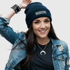 Navy blue ribbed knit beanie with white HORIZN MOTO embroidery, showcasing minimalist design for riders and urban adventurers.