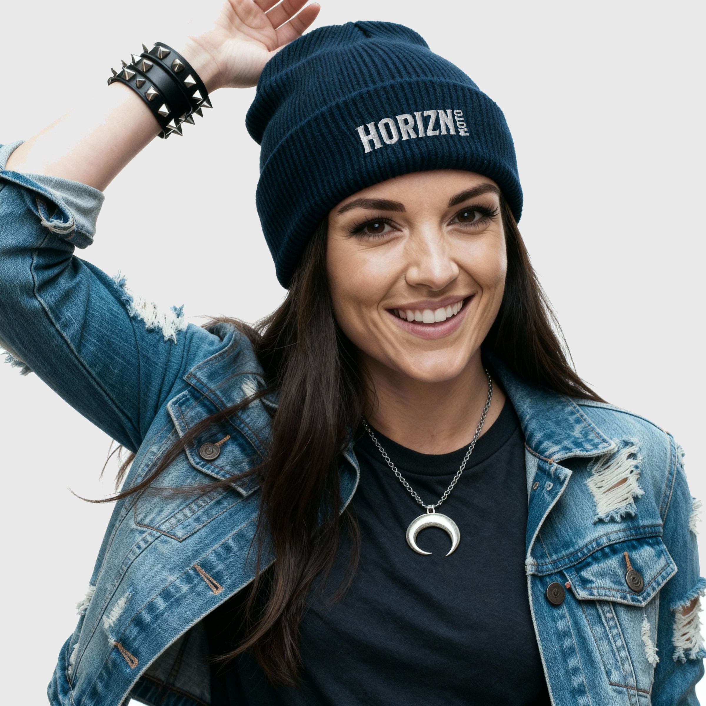 Navy blue ribbed knit beanie with white HORIZN MOTO embroidery, showcasing minimalist design for riders and urban adventurers.