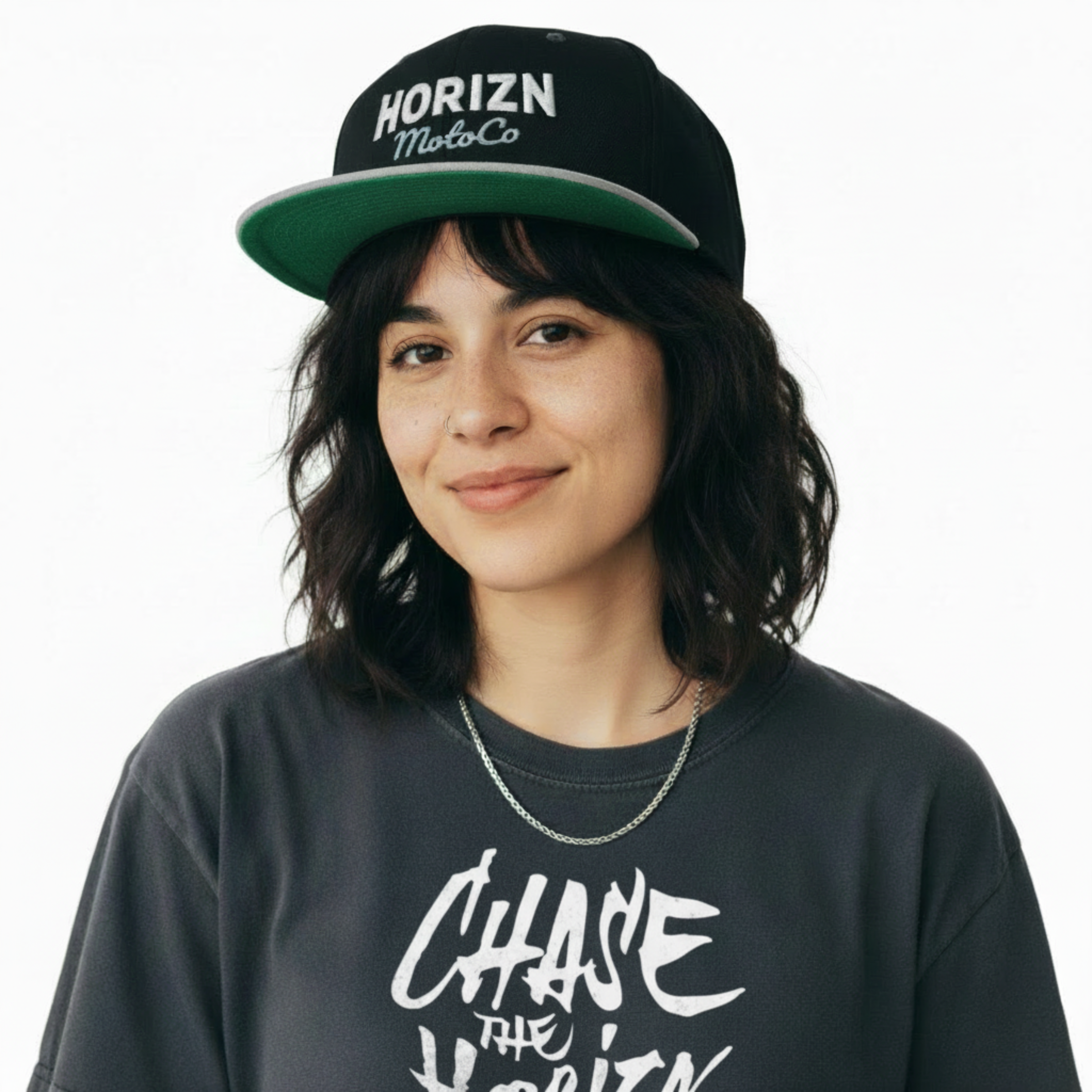 HORIZN Moto Snapback Cap in black and gray featuring bold logo and contrast embroidery, designed for modern streetwear and moto culture.