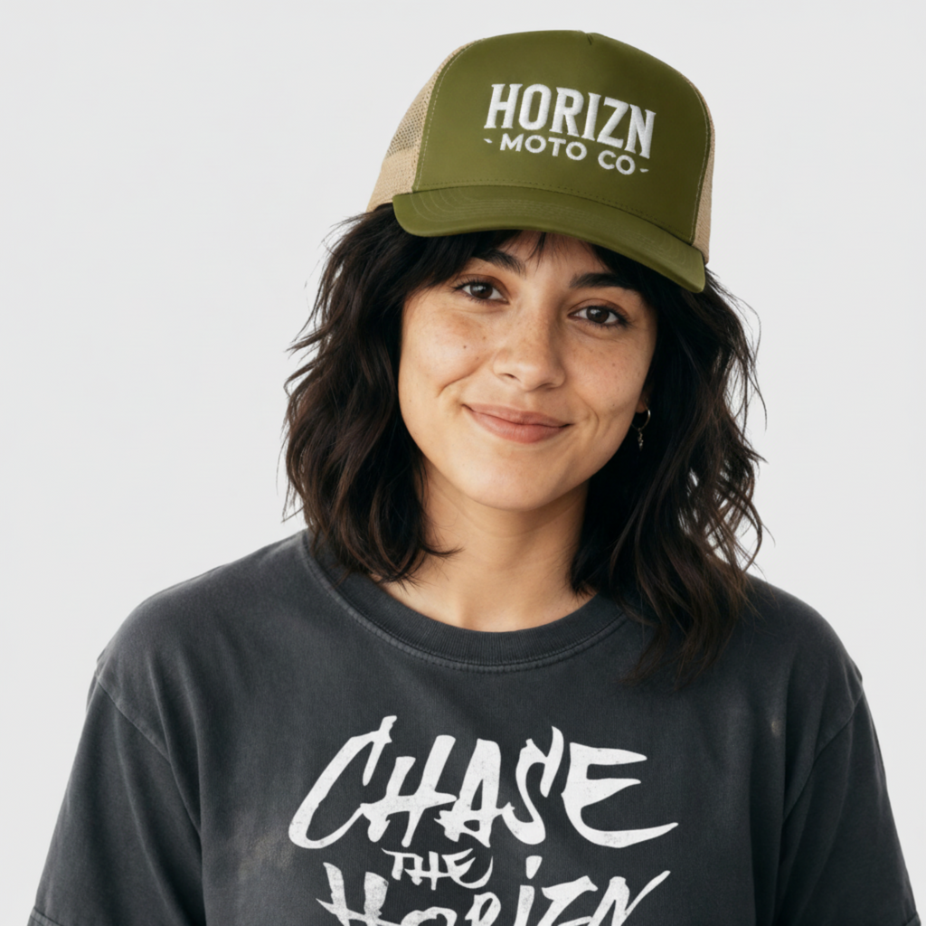 HORIZN Trucker Cap in olive and beige featuring embroidered logo, perfect for riders and outdoor enthusiasts seeking style and functionality.