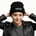 Black Moto Ribbed Knit Beanie by HORIZN MOTO, featuring white logo and snug unisex fit, ideal for cold weather rides and casual outings.