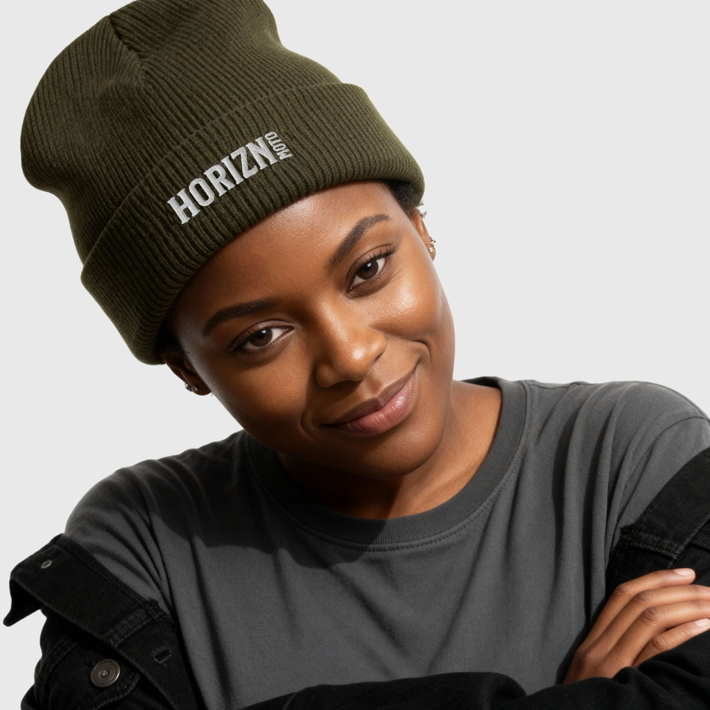 Ribbed Knit Moto Beanie – Olive Green