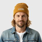 HORIZN Mustard Beanie ribbed knit streetwear hat displaying white logo, perfect for cold weather adventures and urban exploration.