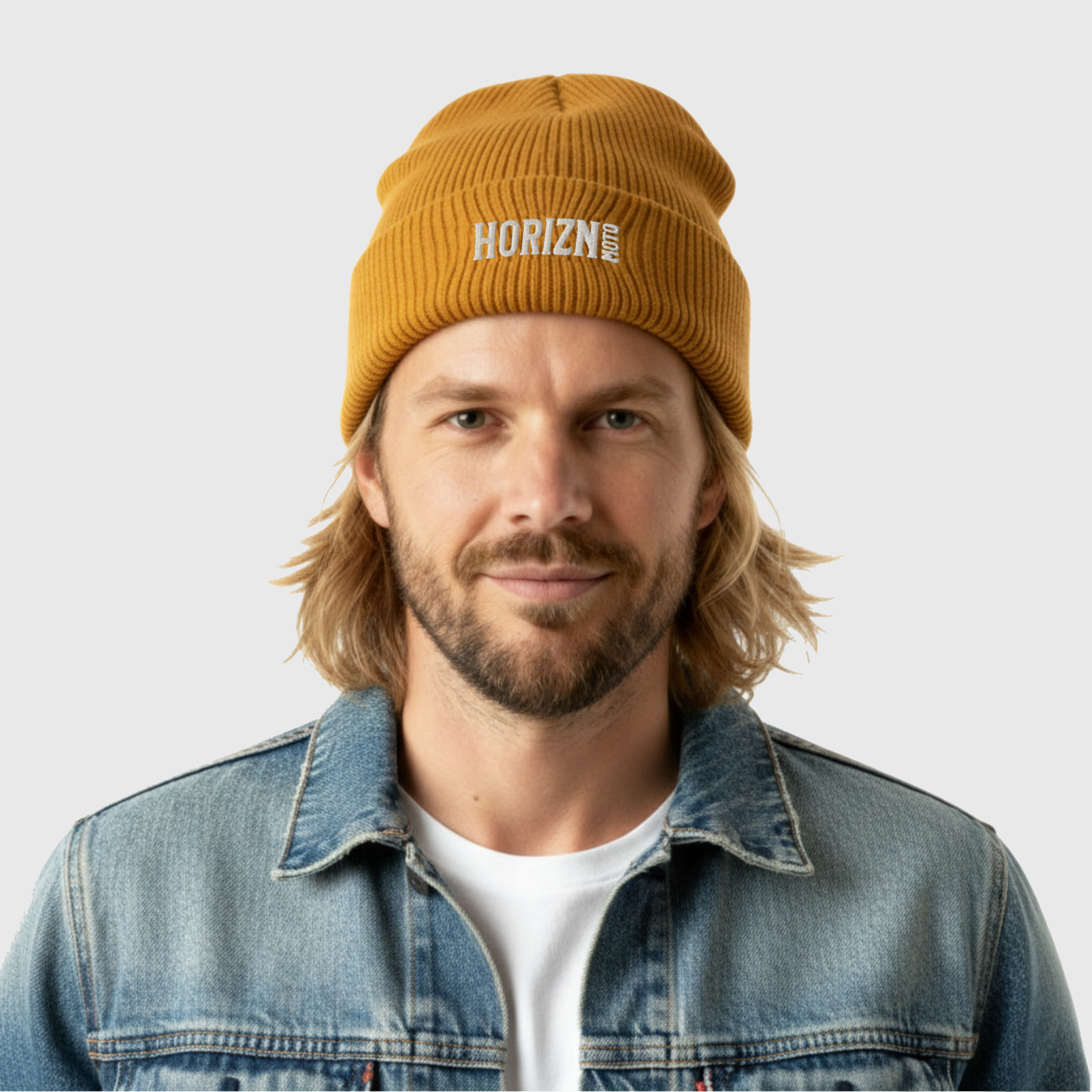 HORIZN Mustard Beanie ribbed knit streetwear hat displaying white logo, perfect for cold weather adventures and urban exploration.