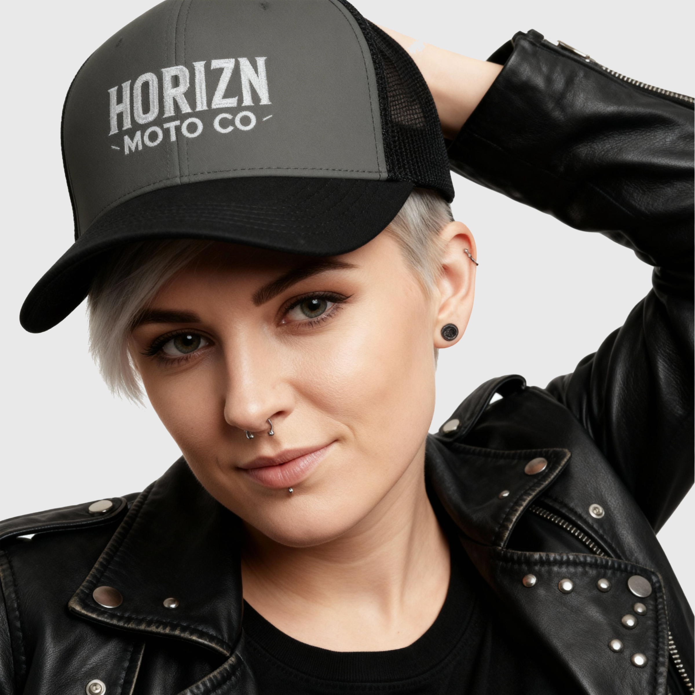 HORIZN Moto Co Snapback Trucker Cap in grey with black mesh back, featuring bold white logo, perfect for motorcycle riders and streetwear enthusiasts.