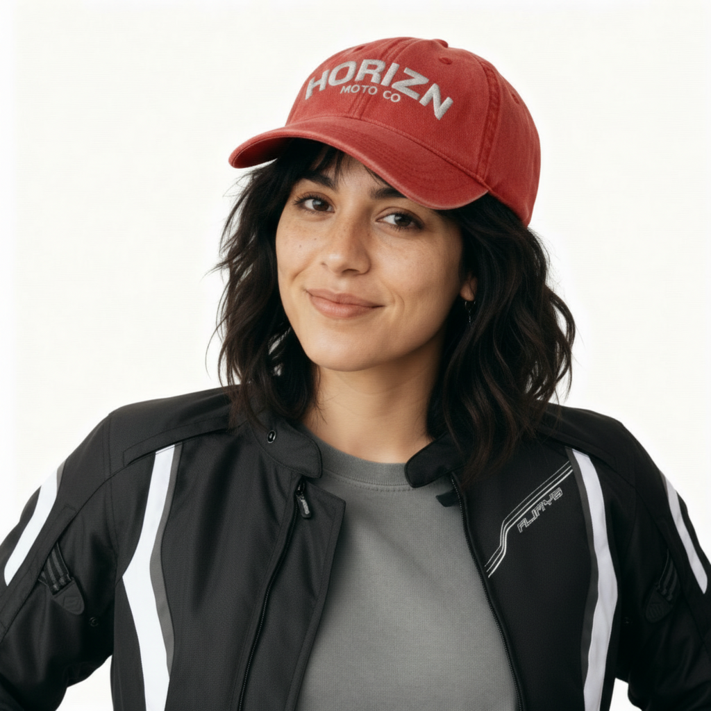 HORIZN Logo Moto Cap in washed red cotton with white embroidered logo, showcasing a vintage-inspired finish and adjustable back strap for comfort.