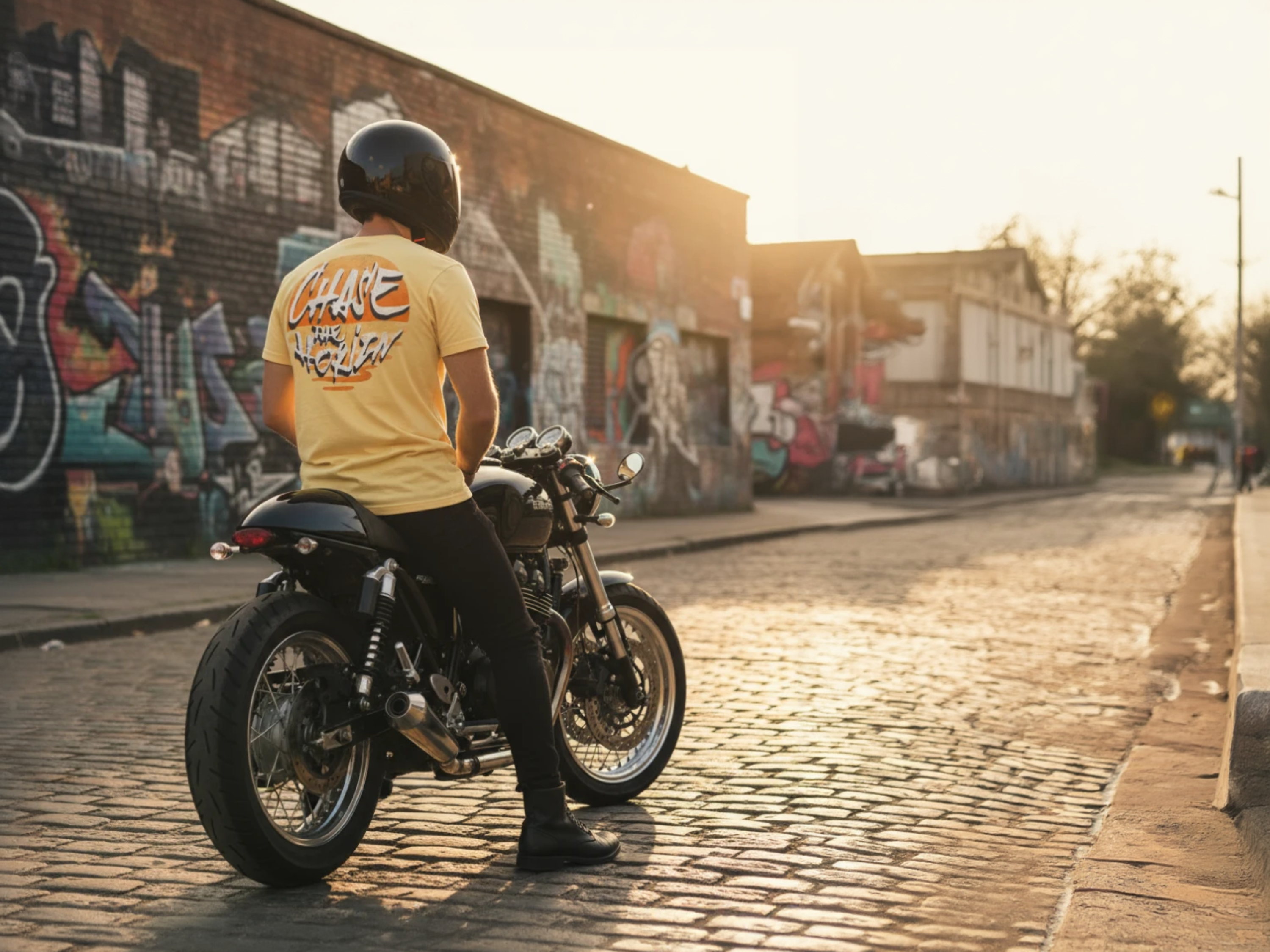Person on a motorcycle in an urban setting with graffiti on walls