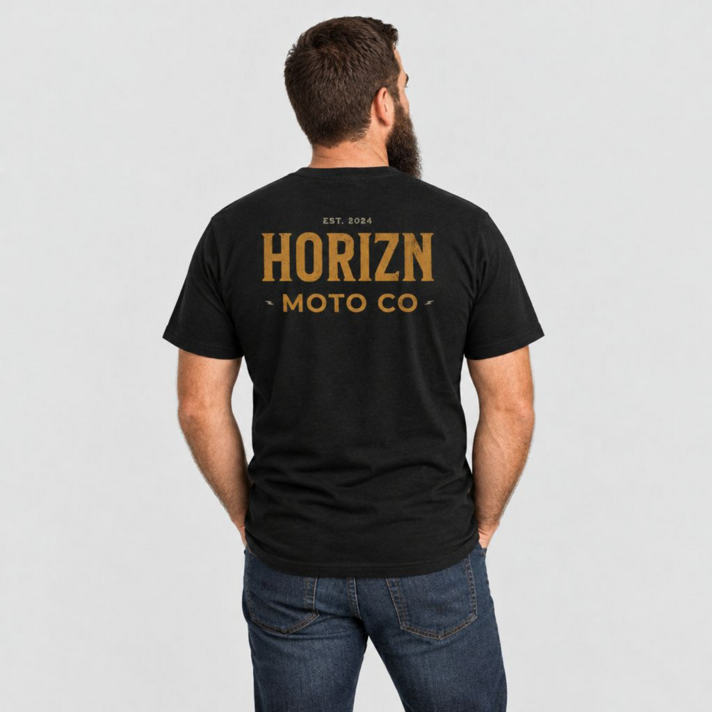 Model wearing the HORIZN Pocket Tee, rear view