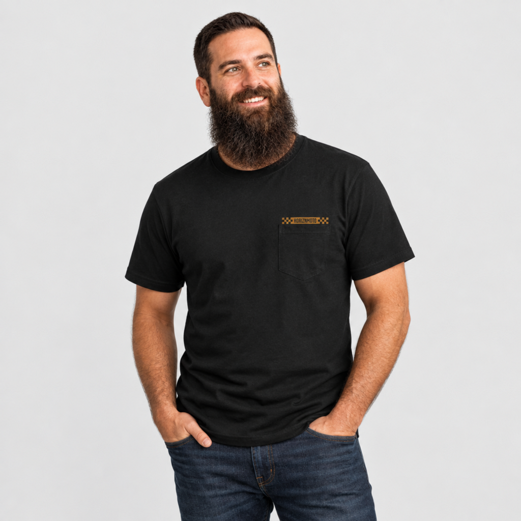 Model wearing the HORIZN Pocket Tee, front view showing minimalist HORIZN branding