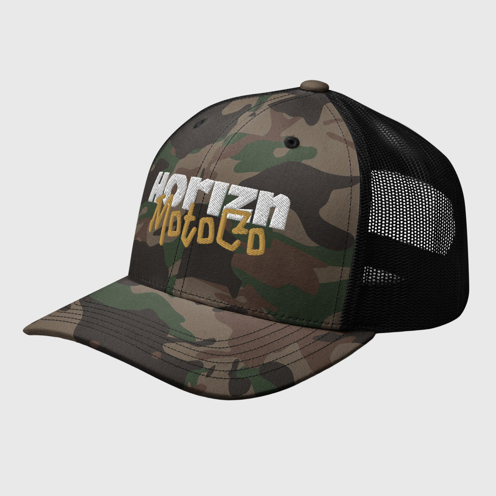 Camo Mesh Trucker Cap in woodland camo, featuring white 'HORIZN' logo and gold 'MotoCo' graphic, designed for riders and urban explorers.