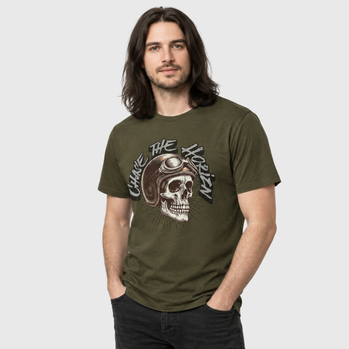 Model wearing the Army Chase the HORIZN Aviator Skull Tee, showing the vintage helmet-and-goggles skull graphic on the front.