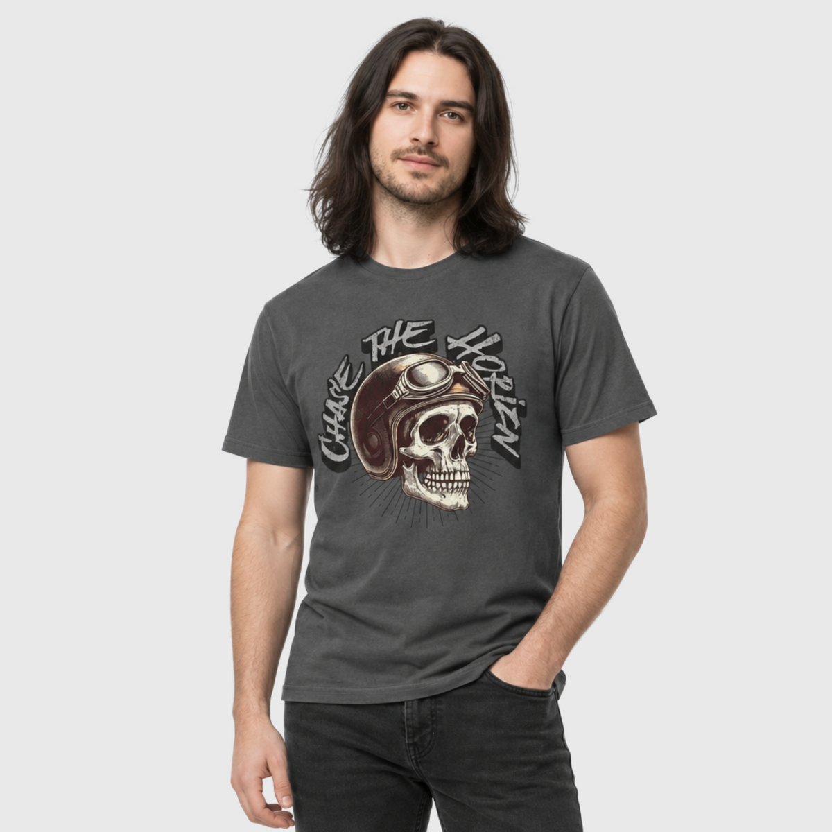 Rear view of a model wearing the Charcoal Chase the HORIZN Aviator Skull Tee, showing its plain back and crew neck.
