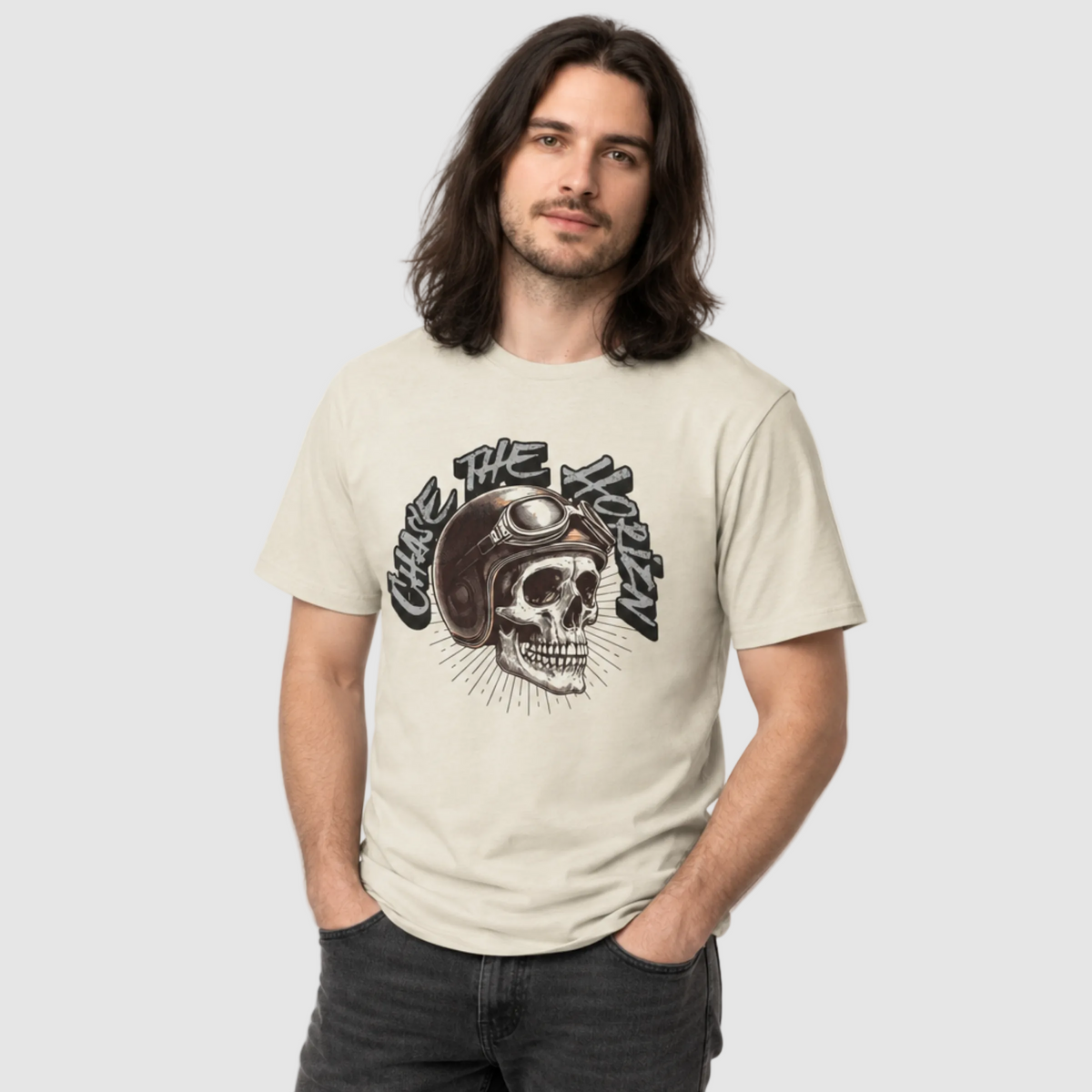 Model wearing the Natural Chase the HORIZN Aviator Skull Tee, showing the vintage helmet-and-goggles skull graphic on the front.