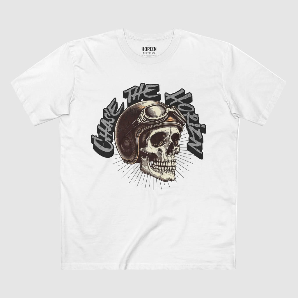 White Chase the HORIZN Aviator Skull Tee, front view with helmeted skull artwork and Chase the HORIZN lettering.