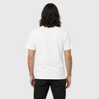 Rear view of a model wearing the White Chase the HORIZN Aviator Skull Tee, showing its plain back and crew neck.