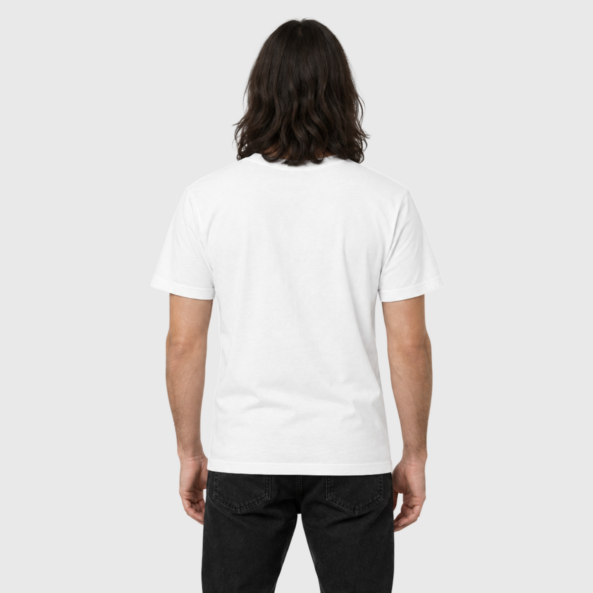 Rear view of a model wearing the White Chase the HORIZN Aviator Skull Tee, showing its plain back and crew neck.