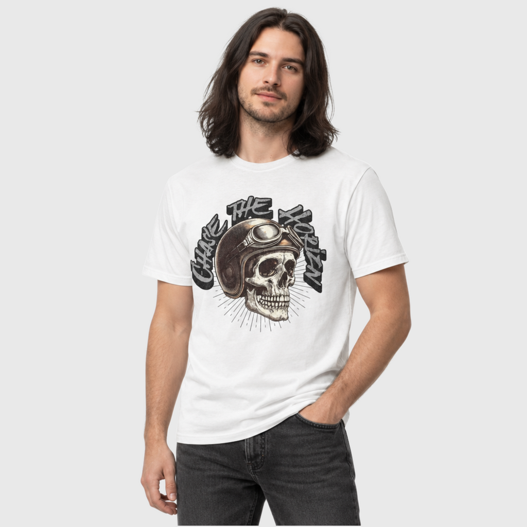 Model wearing the White Chase the HORIZN Aviator Skull Tee, showing the vintage helmet-and-goggles skull graphic on the front.