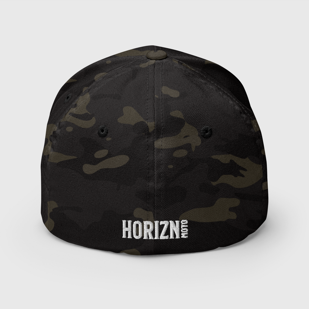 Rear view of the Multicam Black camouflage Chase the HORIZN Flexfit cap, showing the small white HORIZN embroidery at the back.