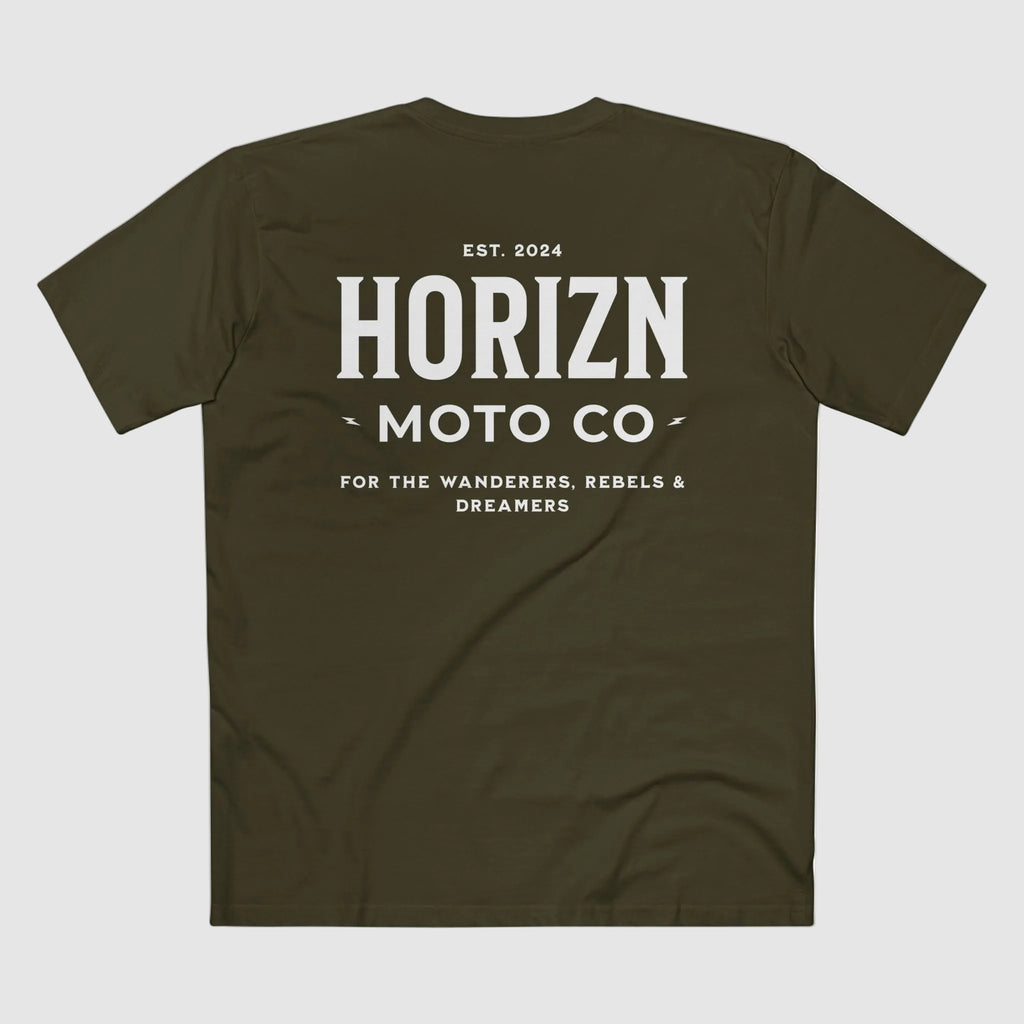 Army HORIZN MOTO CO. Basics Tee, product-only back view with the large HORIZN MOTO CO. wordmark and slogan.