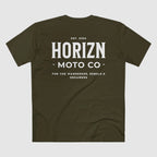 Army HORIZN MOTO CO. Basics Tee, product-only back view with the large HORIZN MOTO CO. wordmark and slogan.