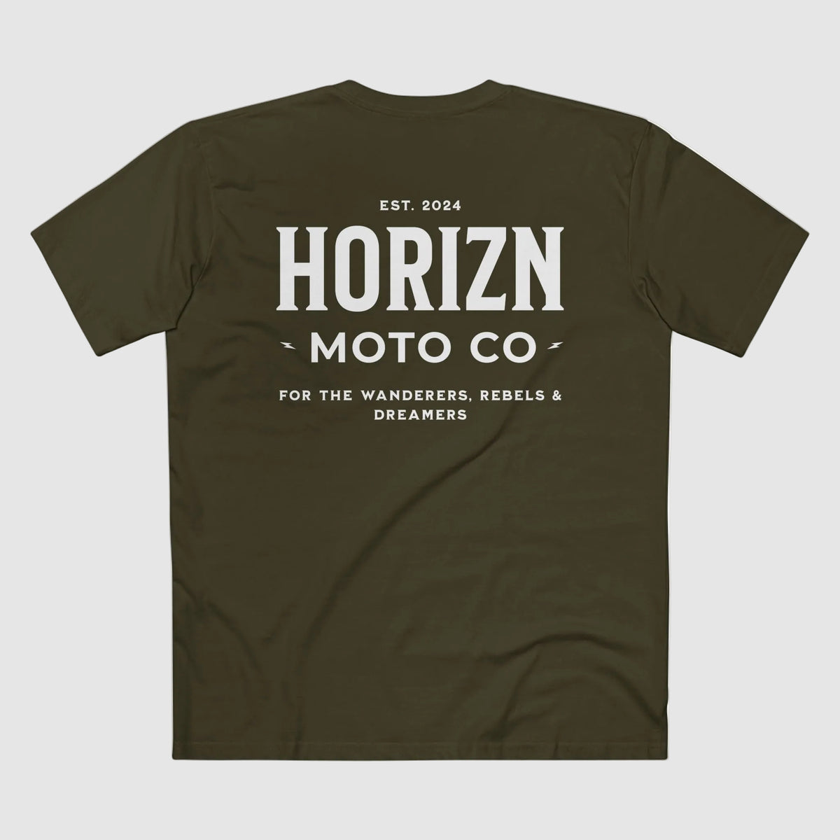 Army HORIZN MOTO CO. Basics Tee, product-only back view with the large HORIZN MOTO CO. wordmark and slogan.