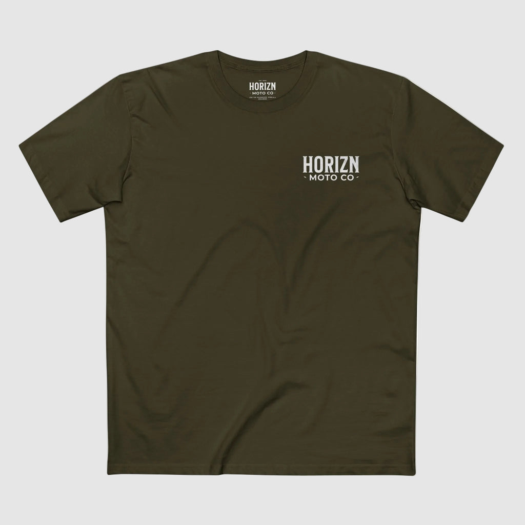 Army HORIZN MOTO CO. Basics Tee, product-only front view with a small left-chest logo.