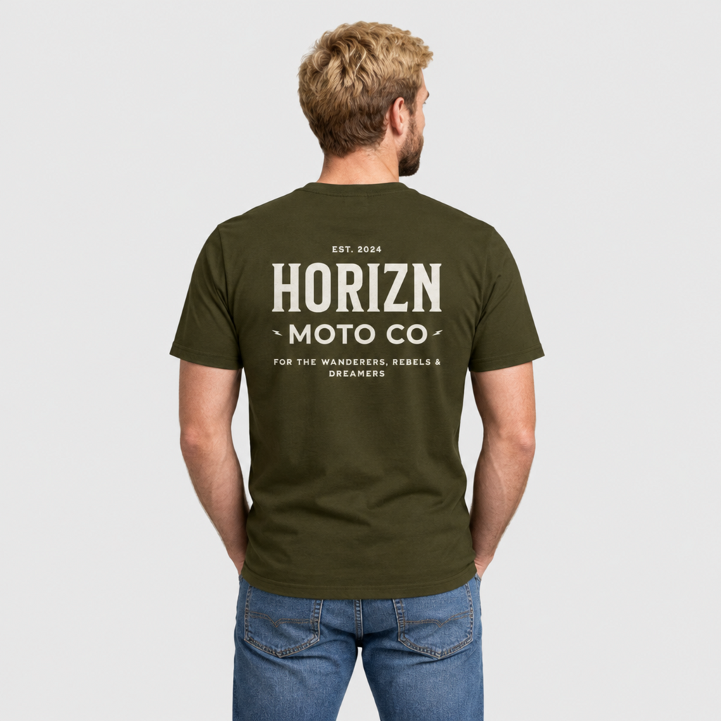 Rear view of a man wearing the Army HORIZN MOTO CO. Basics Tee, showing the large HORIZN MOTO CO. back graphic.